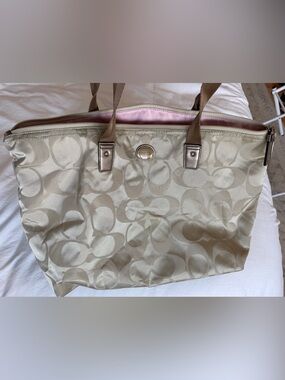 Coach Signature Jacquard Large Tote Bag Beige Bronze Pink Lined
